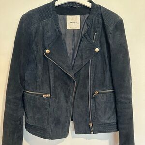 Mango Navy Blue Real Leather Jacket Asymmetrical Zipper Fitted Silhouette